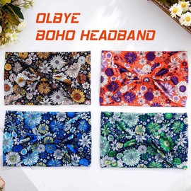 Olbye Wide Boho Headbands Floral Stretch Head Wraps Bohemian African Turban Hairbands Knotted Bandana Headband Yoga Running Head Scarfs Workout Hair Accessories for Women 4Pcs (Floral, 9.4 * 5.9'')