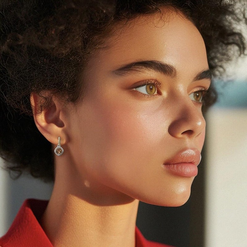 925 Sterling Silver Vintage Cushion-cut Brown Smoky Quartz Post Drop