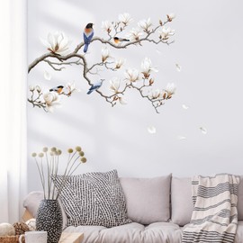 SHUCHING White Magnolia Flowers Wall Decals Peel and Stick, Self-Adhesive Vinyl Magnolia Tree Wall Stickers, Wall Decor Art Home Decoration for Living Room Bedroom