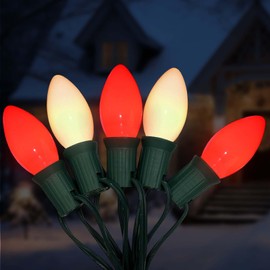 C9 LED Christmas Lights, 25Ft Vintage C9 Christmas Lights with 26 LED Ceramic Red White Bulbs, Hanging Connectable Christmas String Lights for Patio Garden Holiday Home Christmas Decor-Green Wire