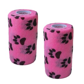 Vet Wrap Wrap Tape (Pink with Paw Prints) (2 Pack) (2 Inch x 15 feet) Self Adhesive Adherent Adhering Cohesive Flex Self Stick Bandage Grip Roll Dog Cat Pet Horse