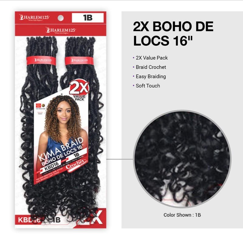 Harlem125 Crochet Braids Kima 2X Boho De Locs 16" (Jet
