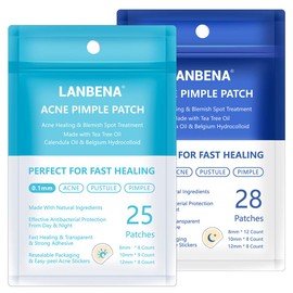 Lanbena Parches Anti Acne, Tratamiento Completo Da Y Noche, contiene 53 parches para absorber el acn, aplanando y calmando la piel.                   