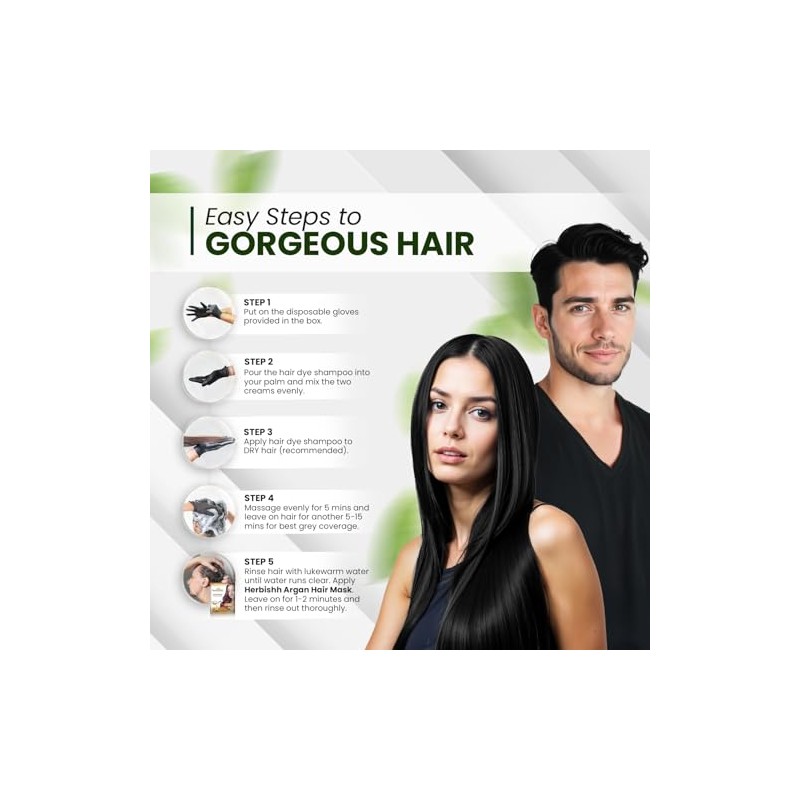 Herbishh Black Shampoo, Hair Dye Shampoo 3 in 1, 100%