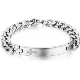 JewelryWe Stainless Steel Bracelet Jewellery, Cubic Zirconia Cross Curb Chain, Unisex Partner Bracelets, Silver Bangle with Engraving., Stainless Steel, Men's bracelet without engraving.