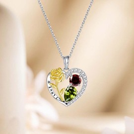 ETERMBOL Heart Birthstone Rose Necklace for Women - 2 3CT 2CT Created Garnet Olivine Necklace 925 Sterling Silver Love Necklace Birthstone Jewelry Gift Valentine's Day Anniversary Wife Girlfriend