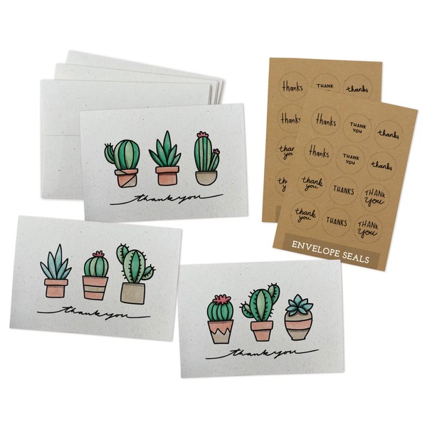 Sugartown Greetings Succulents & Cacti Thank You Note Cards Set - 24 Cactus Thank You Cards with Envelopes - Includes Kraft Sticker Seals
