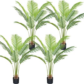 Faux Palm Tree 4ft(48in) Artificial Plants with Realistic Leaves and Trunks,Fake Floor Potted Tall Artificial Trees for Home Office Decor Indoor or Outdoor (4feet,4Pack)