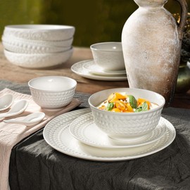 Wareland Cereal Bowls Set of 4 - Ceramic Soup Bowls for Kitchen 30 Oz Embossment White Breakfast Bowls for Rice, Pasta, Fruits, Salad, Ramen, 6.25 Inch, Dishwasher & Microwave Safe (Auspicious Clouds)