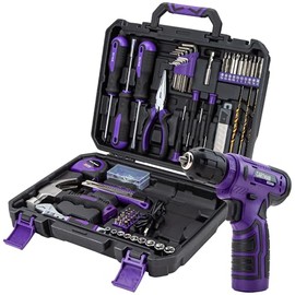 CARTMAN 150-Piece Household Tool Set, 8V Cordless Drill Driver Kit, Complete Hand Tool Kit for Home Maintenance, DIY Projects and Repairs, Purple