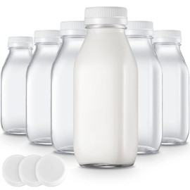 Gerrii 6 Pcs 10 oz Glass Milk Bottles with Lids Milk Container Glass Juice Bottles for Refrigerator with Caps Dairy Drinking Jars Containers for Yogurt,Juice,Cold Beverages and Water