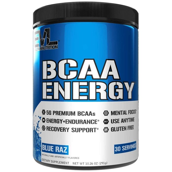 Evlution Nutrition BCAA Energy - Essential BCAA Amino Acids, Vitamin C, Natural Energizers for Performance, Immune Support, Muscle Building, Recovery, B Vitamins, Pre Workout, 30 Serve, Blue Raz