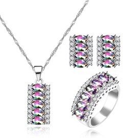 Uloveido T502 - Juego de collar y anillo de 7 piedras de circonita cúbica de corte ovalado chapado en platino, Metal Cristal, Juego azul (royal blue)