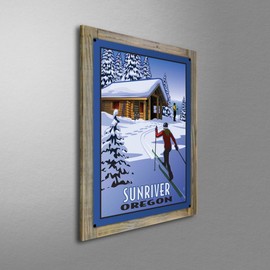 Northwest Art Mall Sunriver Oregon Cross Country Skiers & Cabin Metal Print on Reclaimed Barn Wood from Travel Artwork by Artist Paul Leighton 17" x 23"