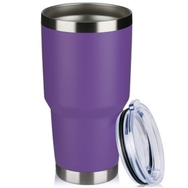 MEWAY 30 oz / 1 unidades de taza de viaje con aislamiento al vacío de doble pared, vaso de acero inoxidable con tapa, pajita, taza de café aislada con recubrimiento de polvo duradero para bebidas frías y calientes (morado, 1)