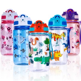 SUPPRUI Kids Water Bottle with Straw & Handle, 600ml Leakproof BPA Free Sports Drink Bottle for Toddler Boys Girls, School, Outdoor(Orange-Zoo)