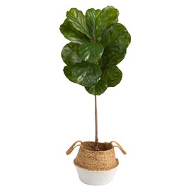 Nearly Natural 4ft. Fiddle Leaf Artificial Tree in Boho Chic Handmade Cotton & Jute White Woven Planter UV Resistant (Indoor/Outdoor)