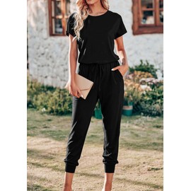 KIRUNDO 2024 Women's Casual Summer Jumpsuits Short Sleeve Crewneck Drawstring Elastic Waist Jumpsuit Romper With Pockets(Black, X-Large)