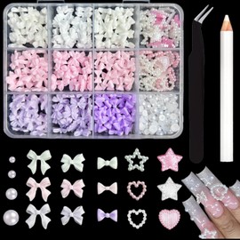 3D Bow Nail Charms, Pink White Nail Bow Pearl Heart-Shaped Star for Nails, DIY Craft, Colorful Nail Art Bows, Nail Bow Charms with Multicolor Shapes, for Women and Girls Nail Decoration
