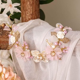 Formery Flower Girl Headpiece Pink Pearl Wedding Headband Leaf Floral Princess Bridal Hair Accessories for Girls