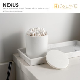 Jo Lavie Cotton Swab Holder Bathroom Organizer – Bathroom Canisters with Lids Cotton Pad Holder for Countertop, Vanity – Luxury Apothecary Jars with Lids Hold Swabs, Makeup Pads (White)