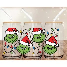 Unbranded Green Face Christmas 16oz Clear Glass Cup with Bamboo Lid - Great Christmas Gift