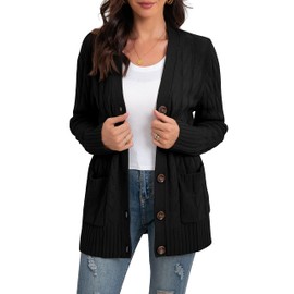GRECERELLE Women's Knit Long Cardigans Jumpers Cardigan with Pockets with Buttons Ladies Loose Long Sleeve Knitwear Oversized Sweater Cardigan for Autumn Winter Spring (Black, S)