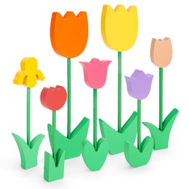 FYSUIMU 7Pcs Spring Tulip Wooden Sign Rustic Farmhouse Tulip Tiered Tray Decoration Colorful Flower Block Table Centerpieces for Home Office Party Tabletop Decor