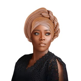 African auto gele Headtie Wedding Party Headpiece Women Head Wraps Muslim Hat (US, Alpha, One Size, Khaki)
