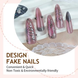 Long Almond Nude Press on Nails with Silver Charm Stick on Nail 24pcs