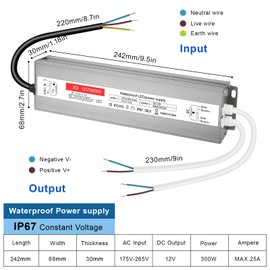 LED Transformer 12 V 25 A, IP67 Waterproof LED Transformer 12 V 300 W, Transformer 230 V to 12 V 300 W, Power Supply 12 V for G4 GU5.3 MR11 MR16, Not Dimmable, No Flicker, No Noise