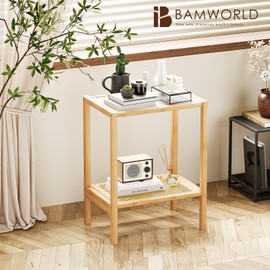 Bamworld Side Table Nature Rattan Night Stand Glass End Table 2-Tier with Storage Boho Bedside Table for Small Spaces Bamboo Coffee Table for Bedroom Living Room