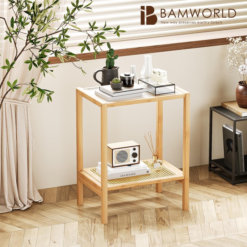 Bamworld Side Table Nature Rattan Night Stand Glass End Table