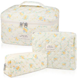 Gosect Quilted Makeup Bag Set, Large Floral Cosmetic Bag for Women, Cute Cotton Makeup Bag, Flower Travel Toiletry Organizer Bag (Yellow Daylily)