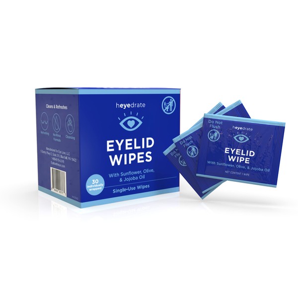 Heyedrate Eyelid Wipes - Eyelash and Facial Scrub by Eye Love with Sunflower, Olive, and Jojoba Oil for Removing Makeup and Refreshing the Eyes (30 Count)