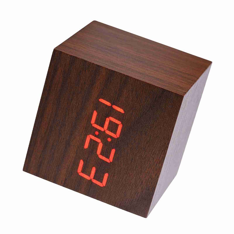 6x6x6cm Wooden Electronic Digital Alarm Desk Clock Temperature LED Display