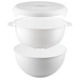 Go Practic Salad Bowl Set with Strainer and Lid, 3 Pieces, White, 3 L Kitchen Set, Plastic Large Plastic Bowl, Kitchen Strainer, Salad Bowl