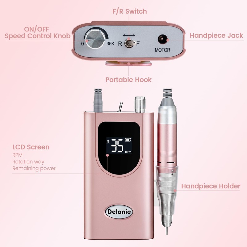 Delanie Electric Nail Drill Professional 35000 RPM Rechargeable Portable E-File