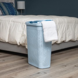 Mind Reader Slim Laundry Hamper with Lid, 40L Clothes Basket, Premium Wicker Design, Plastic, Baby Blue