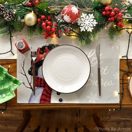 Artoid Mode Grey Silver Snowman Let It Snow Winter Placemats Set of 4, 12x18 Inch Christmas Table Mats for Party Kitchen Dining Decoration