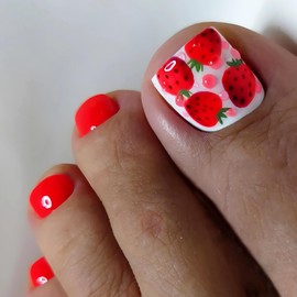 Toe Press on Nails Square Fake Toe Nails BABALAL Red Glue on Toe Nails for women Strawberry Cute Toe Acrylic Nails 24Pcs Summer Gel Toe Nails Supplies 3d Texture Handmade Decoration