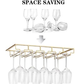 FOMANSH Wine Glass Rack - Under Cabinet Stemware Wine Glass Holder Glasses Storage Hanger 1 Pack Metal Organizer for Bar Kitchen 5 Rows Gold