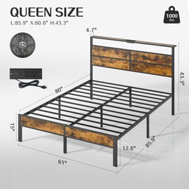 Liians Queen Size Bed Frame, Queen Bed with Charging Station Headboard and LED Lights, Platform Bed with Metal Slats, No Box Spring Needed