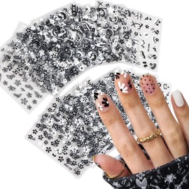 30 Sheets Black Flower Nail Art Stickers Five Petal Flower Heart Bow Knot Nail Design Charms 3D Self Adhesive Nail Art Supplies Black White Flower Stickers for Women Spring DIY Nail Tip Decorations