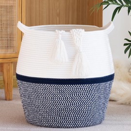 KAKAMAY Woven Baskets for Storage(17"x17"),Large Cotton Rope Basket Woven Baby Laundry Hamper,Collapsible Laundry Basket, Blanket Basket for Living Room,Nursery,Clothes, Toy chest(Navy Blue)