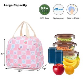 Checkered Bear Insulated Lunch Bag for Women Girls, Reusable Lunch Box Picnic Tote Bags for Adults Kids School Work Travel (Pink)