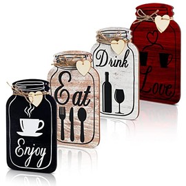 4 Pcs Wooden Kitchen Wall Decor Eat Drink Enjoy Love Wood Sign Mason Jar Shaped Wooden Rustic Home Decor for Home Kitchen Dining Room Bar Cafe Decor (White, Brick Red, Light Brown, Black, Retro Style)
