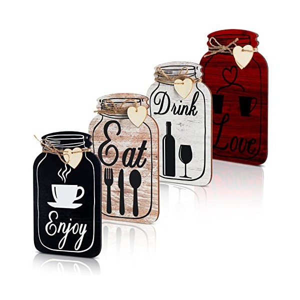 4 Pcs Wooden Kitchen Wall Decor Eat Drink Enjoy Love