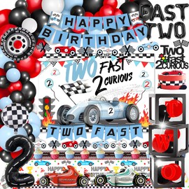 2 Fast Birthday Decorations，Two Fast 2 Curious Racing 2nd Birthday Birthday Decorfor Boys Girls 2nd Bday Racing Themed Car Birthday Decoration Party Supplies 。