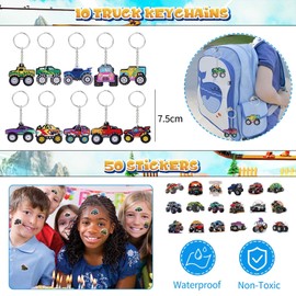 SolWonder Monster Truck Party Bag Children's Birthday Party 6 7 8 9 10 Years, Give Aways Guest Gift Children's Birthday Monster Truck Includes Gift Bags Snap Bracelet Key Ring Great Party Bags